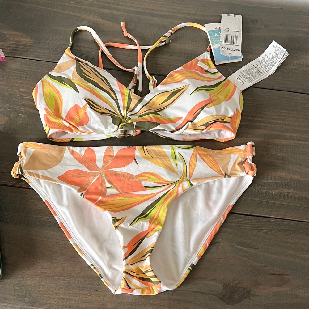 Roxy Tropical Leaf Bikini Set in Orange and Green